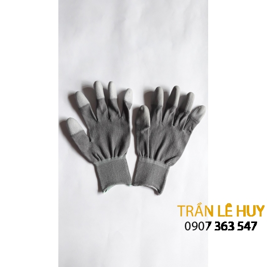 Găng tay sợi Polyester phủ PU đầu ngón màu xám