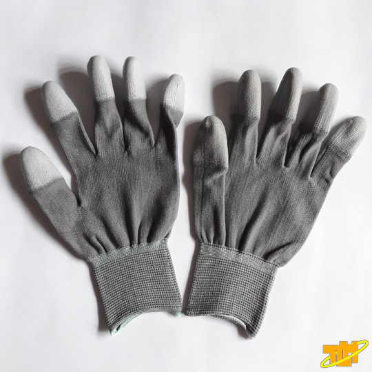 Găng tay sợi Polyester phủ PU đầu ngón màu xám