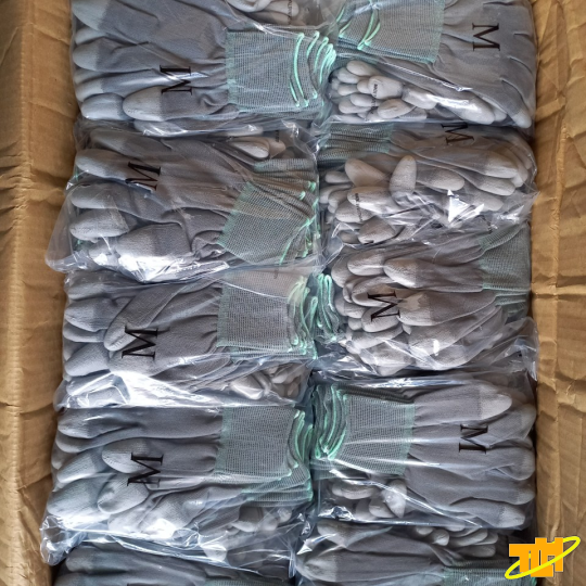 Găng tay sợi Polyester phủ PU đầu ngón màu xám